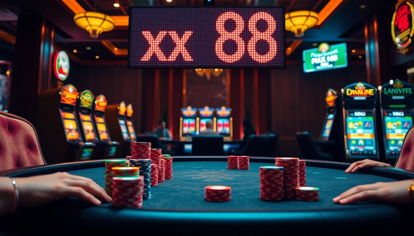 Engaging players at the elegant xx 88 poker table amidst a vibrant casino atmosphere.