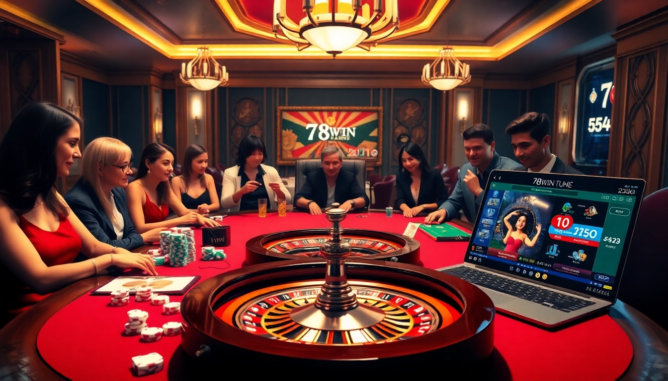 Gamblers enjoying a thrilling game at 78WIN's vibrant casino table atmosphere.