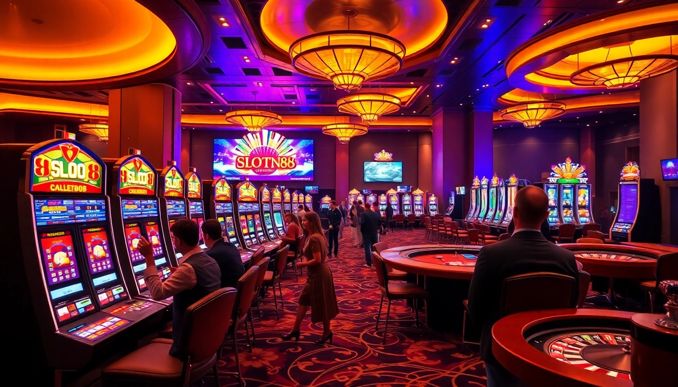 Pemain yang terlibat menikmati permainan slot88 di atmosfer kasino yang penuh warna dan kegembiraan.