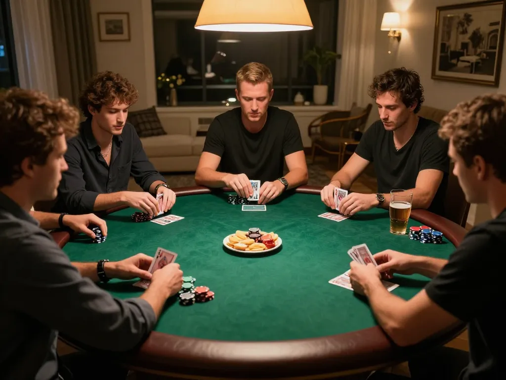 ku88 poker night scene with players strategizing and engaged at a round table with rich green felt