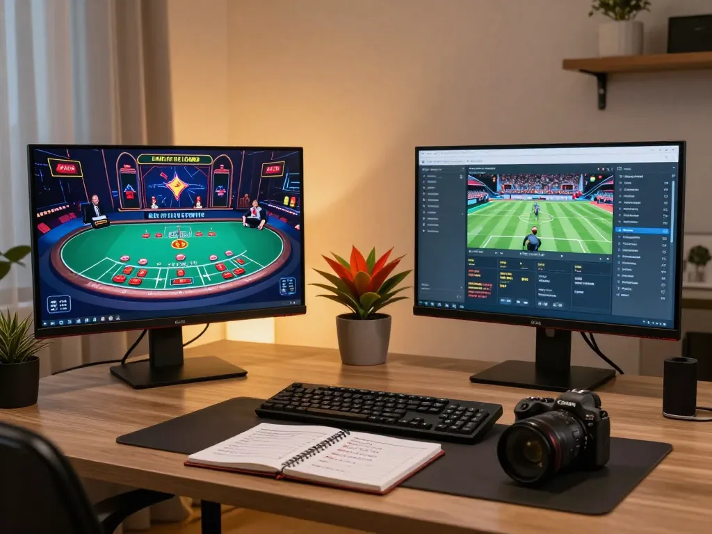 Experience online gaming with ทางเข้า m110 in a modern home setting featuring multiple screens for blackjack and sports betting.