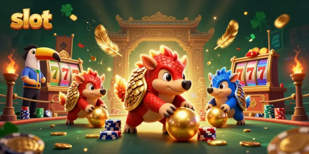Dynamic slot-themed illustration with rival pangolins and vibrant casino elements.