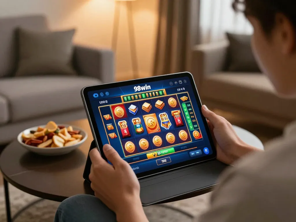 Player enjoying a strategic moment on the 98win com app while gaming in a cozy living room.