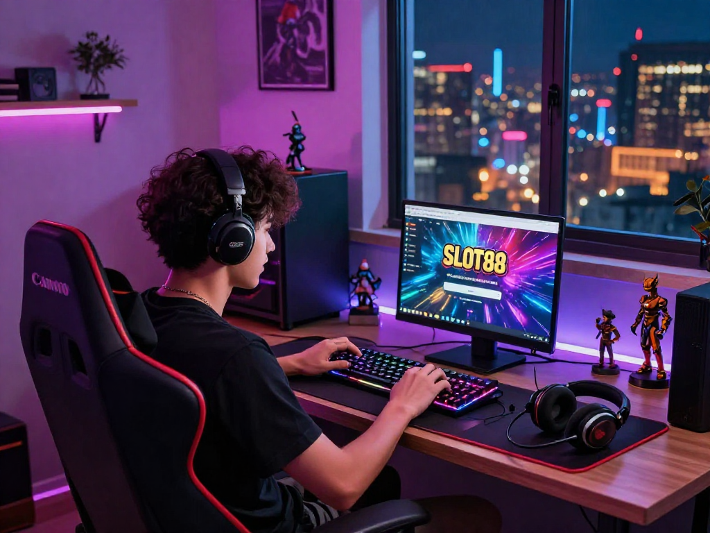 SLOT88 login interface on a laptop with vibrant graphics, showcasing an engaging online gaming environment.