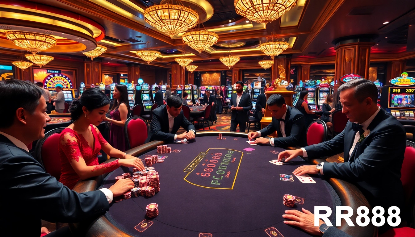 A high-stakes poker game at https://rr88c.org/ with players, chips, and cards in a luxurious casino setting.