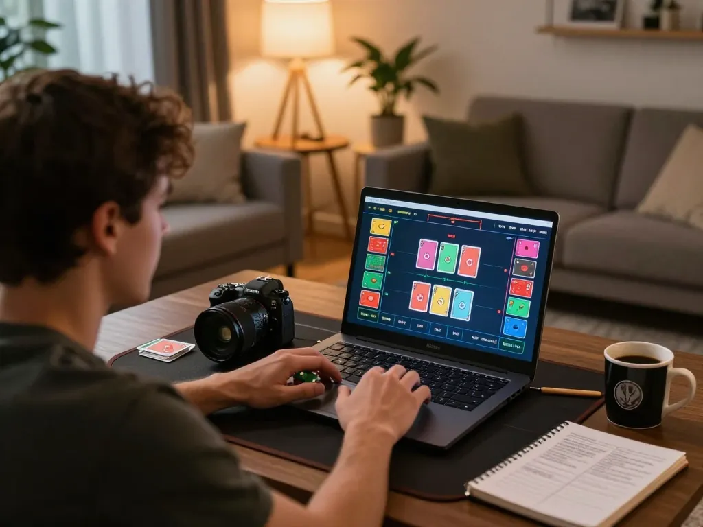 Bet88 player engaging in poker strategy at home on laptop, creating a focused gaming atmosphere.