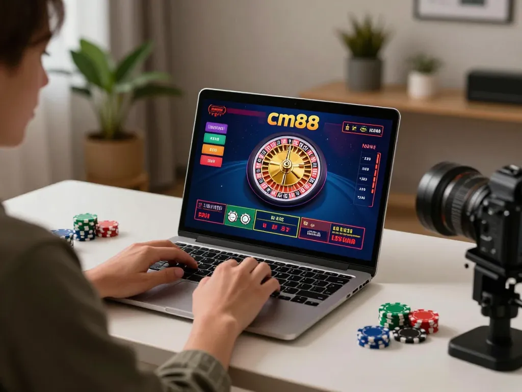 Player engaging in cm88 online casino gaming using laptop, colorful roulette wheel displayed, cozy home setup.