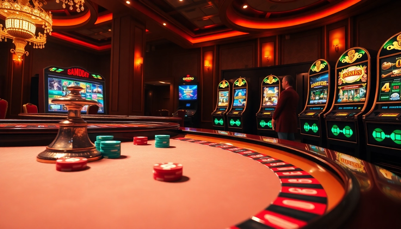 Engage in luxury gambling at https://xx88.us/, showcasing a vibrant online casino atmosphere with poker tables and roulette wheels.