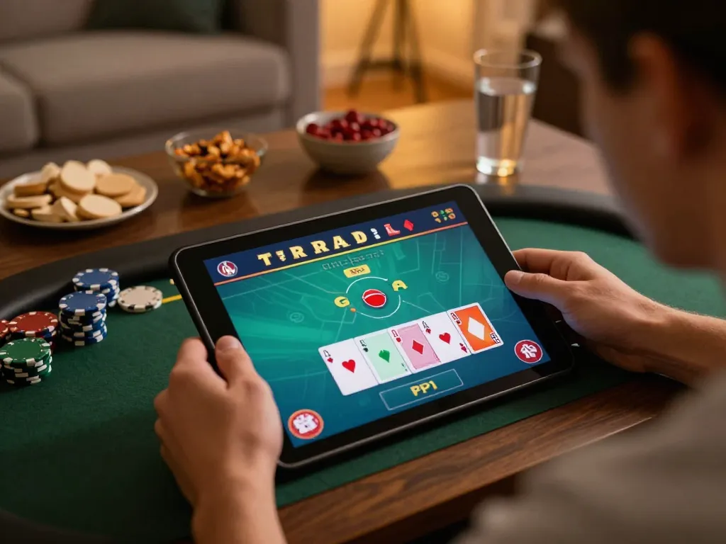 Player enjoying an exciting poker game on RR88, in a cozy home environment, fostering a relaxed yet strategic atmosphere.