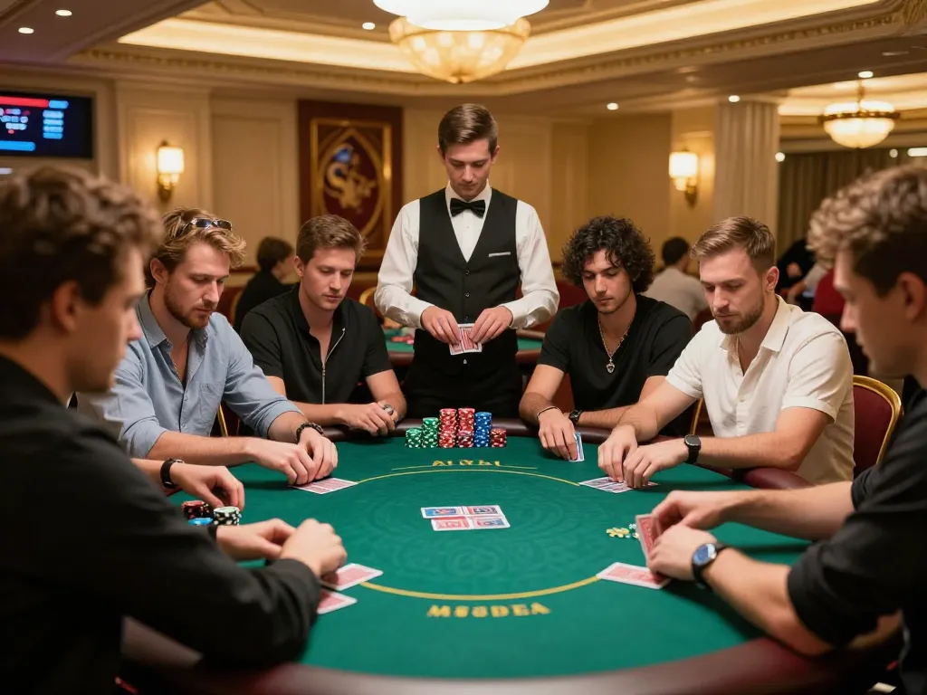 Go 88 players strategizing in an upscale casino poker game, showcasing chips and cards