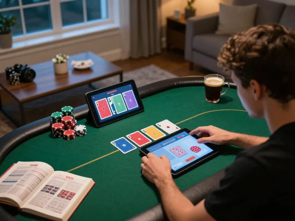 Pemain merancang strategi dalam permainan poker online di HD4D, menunjukkan fokus yang intens dan kartu berwarna-warni sambil mengelola bankroll.