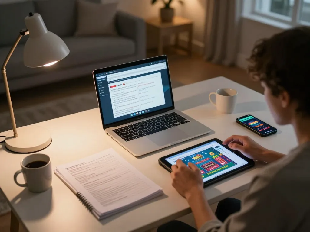 Player strategizing at home with 789bet online casino app on tablet, warm lighting, cozy setup