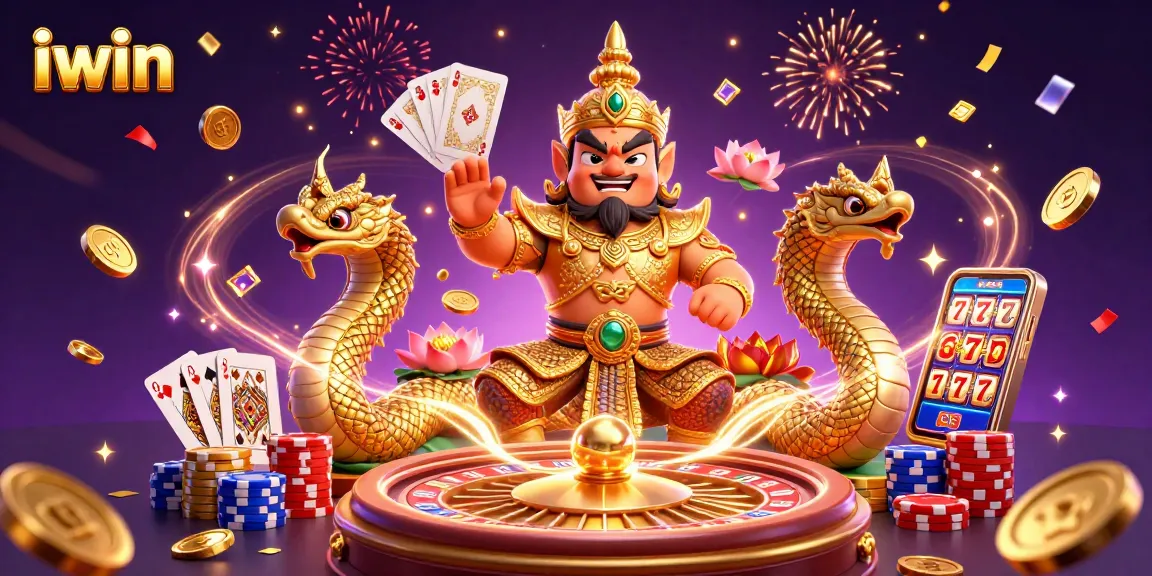 Experience thrilling iwin moments with colorful casino elements and vibrant characters in this dynamic illustration.