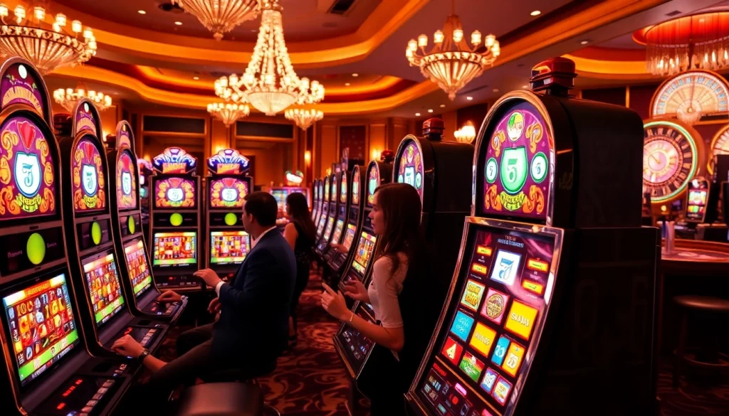 Players enjoying slots in a glamorous casino, showcasing excitement and anticipation.