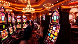 Players enjoying slots in a glamorous casino, showcasing excitement and anticipation.
