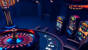 Engaging scene of gamblers at Nhà cái bomwin, featuring poker, roulette, and slots, capturing excitement and thrill.